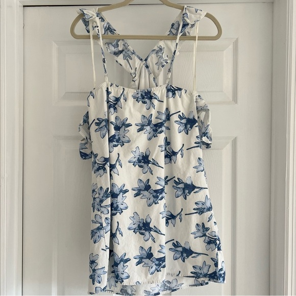 J.O.A. White Blue Floral Ruffle Cotton Cross Cold Shoulder Mini Dress M - Picture 5 of 10